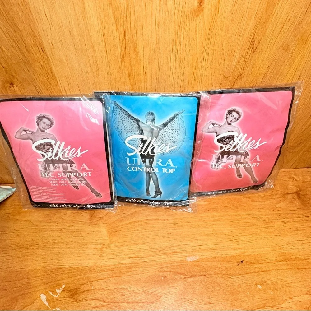 Vintage Lot Of 3 Queen XXL Silkies Ultra Control Top Pantyhose Black Navy Nude